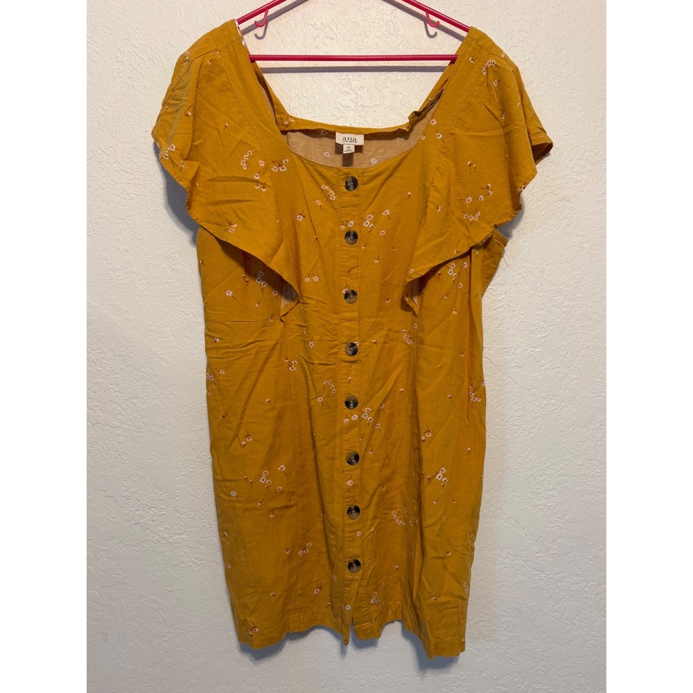 a.n.a Mustard Yellow Floral Button Front Ruffle Sleeve Linen Blend Dress XL